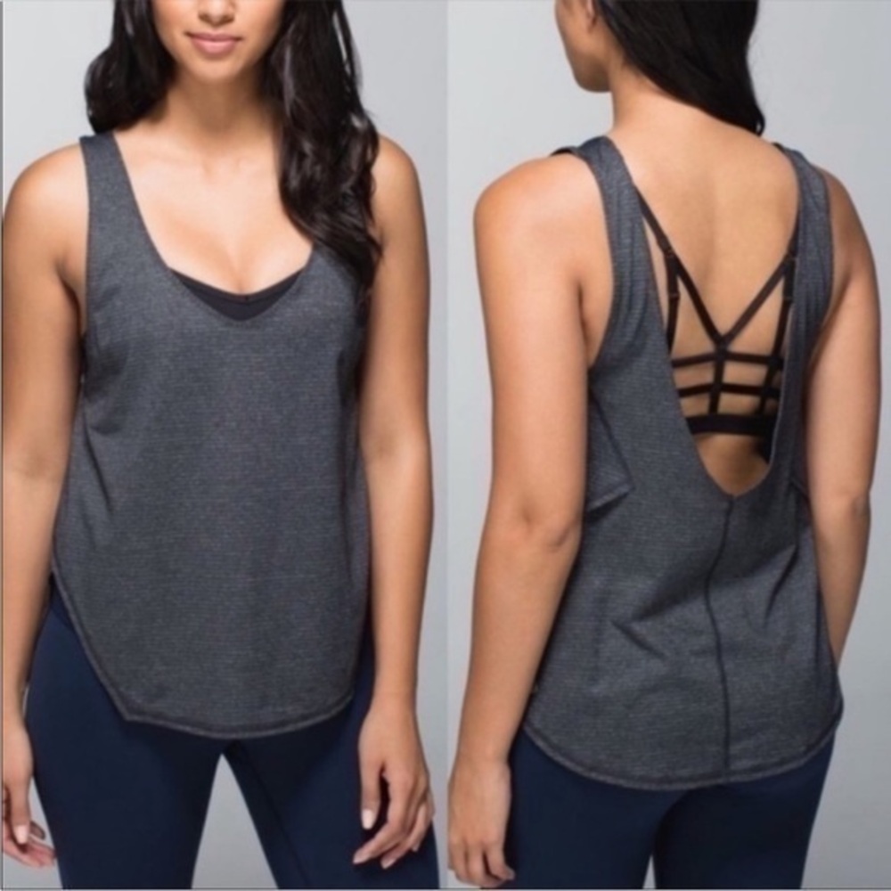 Lululemon Seek The Heat Tank Heathered Black 8-10 tag removed 18 inches flat